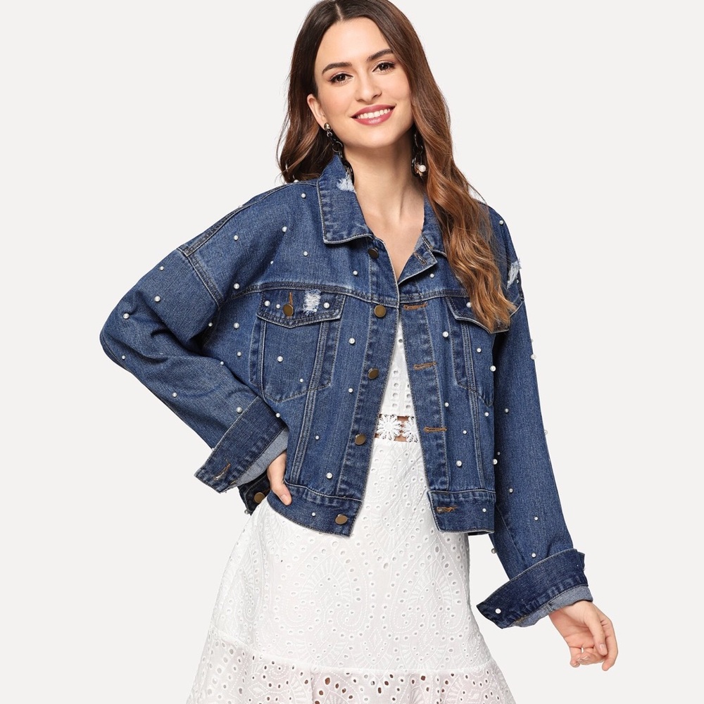 Pearls Beaded Distressed Denim Oversized Jacket - Picture 2 of 6